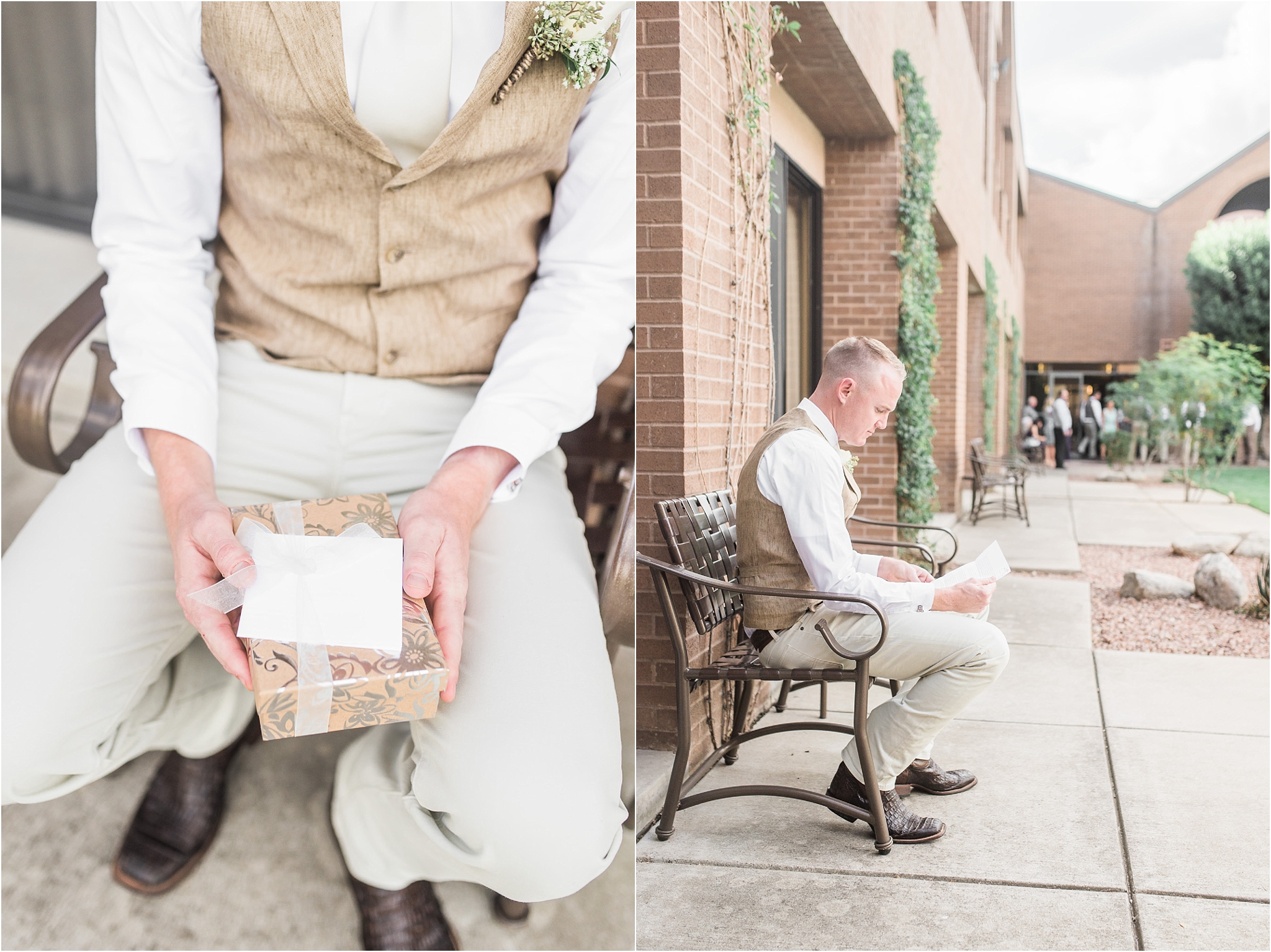 The Lodge at Ventana Canyon wedding photo of groom opening love letter from bride