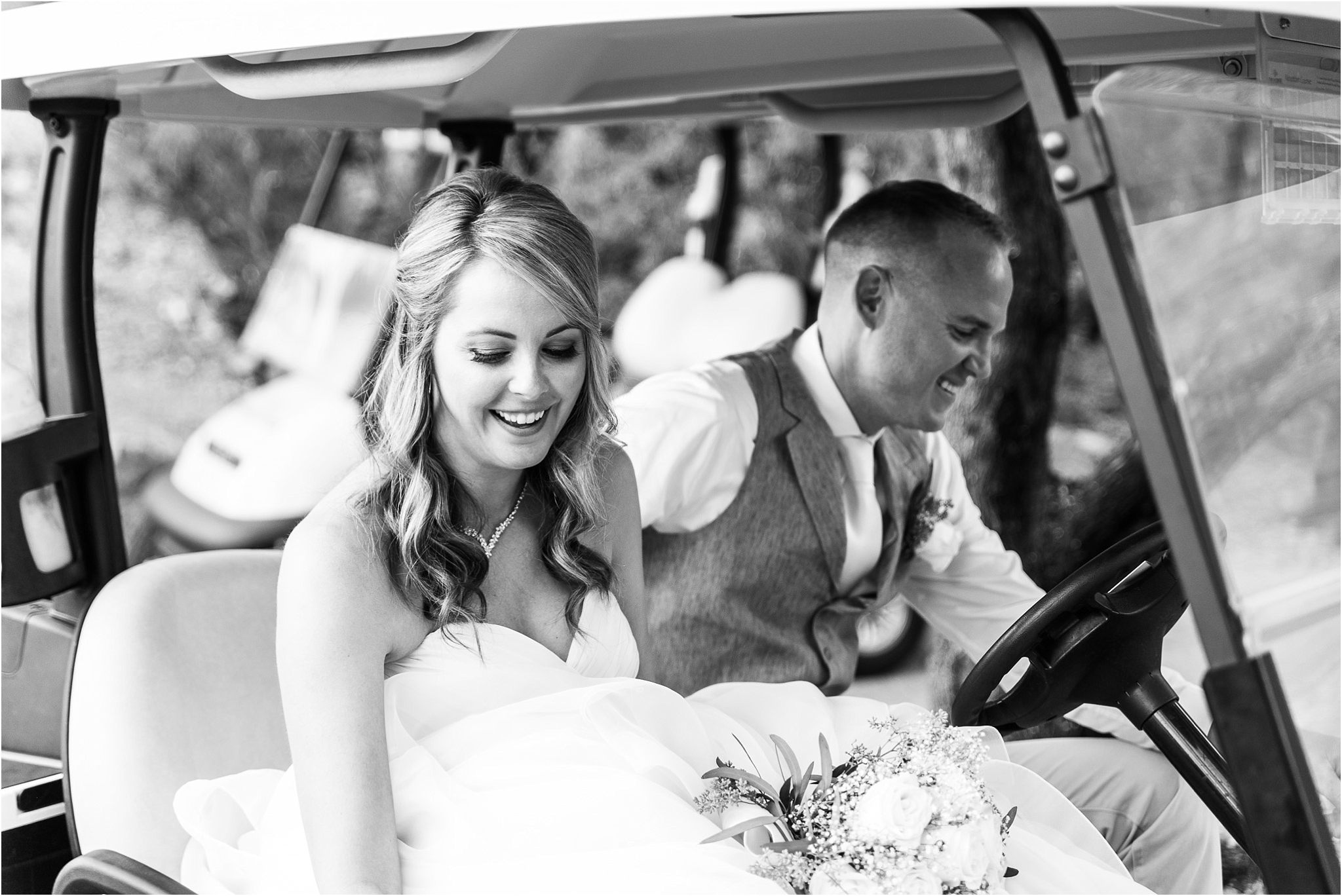 The Lodge at Ventana Canyon black and white just married wedding photo of bride and groom in golf cart