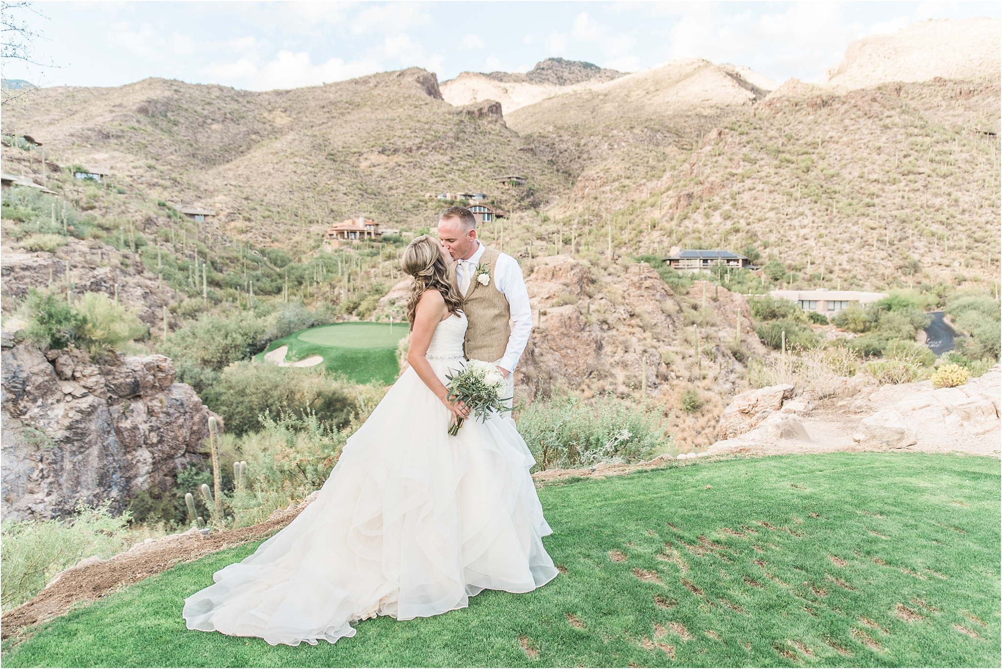 The Lodge at Ventana Canyon wedding photo of bride and groom at sunset