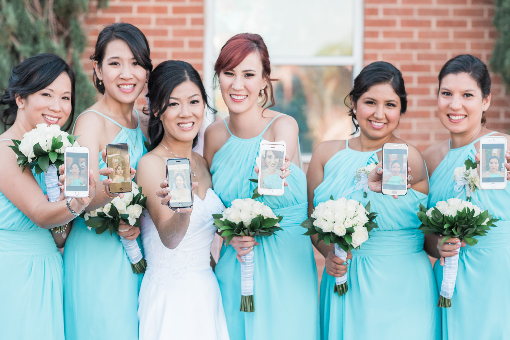 Traditional Vietnamese Tea Ceremony Wedding & Bridal Party Bridesmaid With Bouquets and Phones Photos